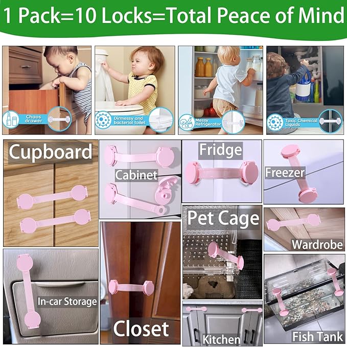 10-Pack Cabinet Locks Childproof Baby Proofing for Drawer Door Fridge Kitchen Ovens Cupboard Toilet Trash Freezer, Refrigerator Latches for Toddler Cat Dog Pet, Closet Kitchen Adhesive Strap
