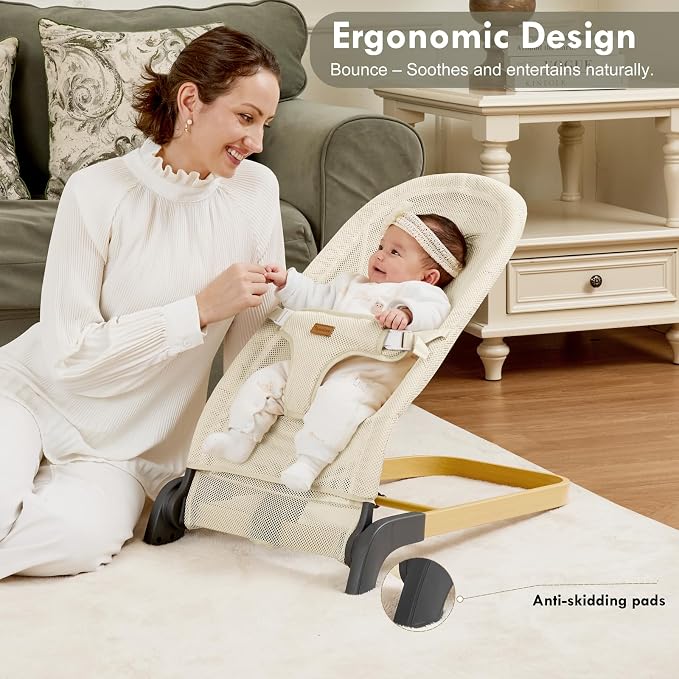 Foldable Baby Bouncer, Baby Bouncer Seat with 3 Adjustable Heights, Portable Newborn Rocker, Ergonomic Bouncer Seat for Natural Bounce, Bouncer for Babies 0-6 Months, Breathable Mesh (Mesh Beige)
