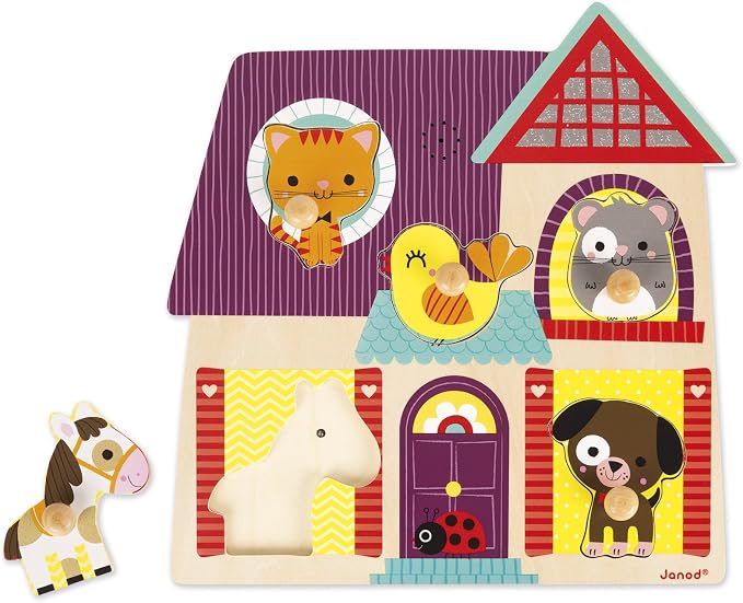 Janod 5 Piece Musical Animal Sound My Little Friends Themed Wooden Peg Colorful Jigsaw Puzzle with Sound Effects - Encourages Shape Recognition, Dexterity & Language Development - Toddlers 18 Months+