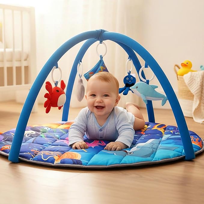 Yeeeasy Ocean Theme Baby Play Gym Mat, Tummy Time Activity Mat with 5 Detachable Marine Toys, Sensory & Motor Skill Development for 0 3 6 9 12 Month Baby and Newborns, Vibrant Deep Blue