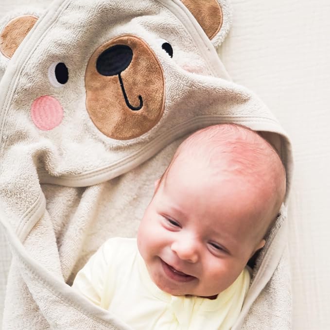 CuddleBug Hooded Baby Bath Towel & Washcloth Set (Bear) - 100% Cotton Terrycloth Hooded Baby Towels for Newborn & Toddler - Super-Soft & Absorbent, Newborn Essentials (33" x 33") - Honey Beige