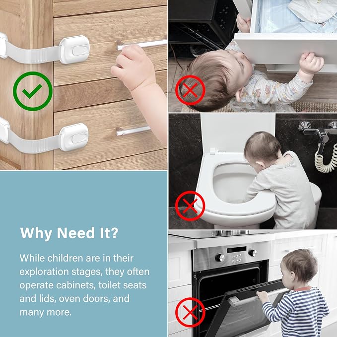 Child Safety Cabinet Locks - (6 Pack) Baby Proofing Latches, Cabinet Drawer Baby Safety Locks, Multifunction, Strong Adhesive Tapes Included, Easy to Use, No Tools Needed.