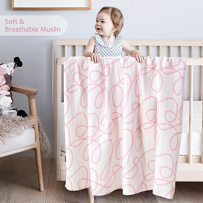 Muslin Swaddle Blankets for Newborn, Large 47"x47" Soft Breathable Bamboo Cotton Baby Blanket, Lightweight Receiving Blanket for Boys and Girls, Ribbon Dance