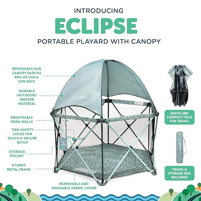 Baby Delight Go with Me Eclipse Deluxe Portable Playard | Playpen | Sun Canopy | Indoor and Outdoor | Ultra Padded Nylon Floor | Green Garden