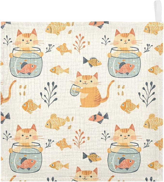 vvfelixl Baby Muslin Washcloths Cat Watch Fish Tank Baby Burp Cloths Cotton Babys Face Towel for Newborn Infants Boys Girls Soft and Absorbent 11.8 X 11.8 in, 3 Pack