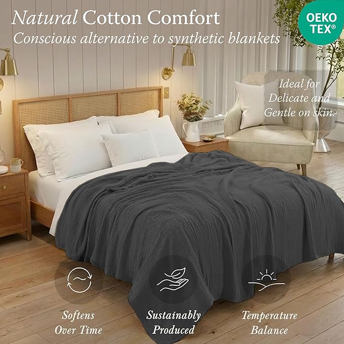 Threadmill Muslin Blanket for Queen Size Bed | 4 Layer 100% Cotton Gauze Blankets | Soft, Breathable and Cozy Bed Throw for All Seasons | Pre Washed, Lightweight Blanket Fits Full Size Bed | Dark Grey