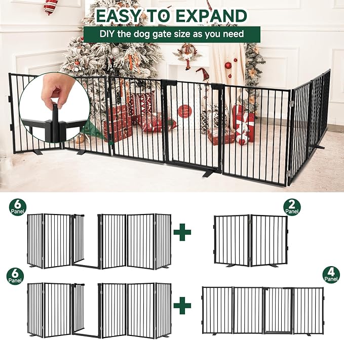Snagle Paw Full Metal Freestanding Dog Gate with Door, 120” W x 24” H Pet Gate with Support Feet for Doorways, Stairs and Hallways, Portable Dog Fence for Indoor Use(24" 6 Panel, Black)