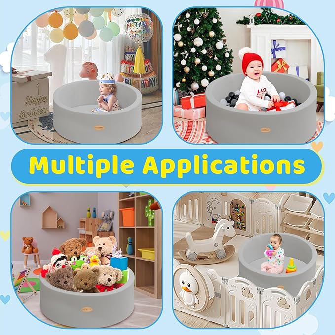 HARBOLLE Baby Ball Pit 35.4" Soft Round Memory Foam Ball Pits NOT Included Balls Indoor Outdoor Playpen for Babies Toddlers Kids Great Gift for Girls Boys, Gray