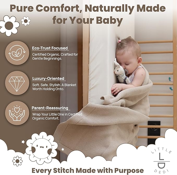 100% Organic Cotton Baby Knitted Blanket with Gift Box - Soft Toddler, Crib, Stroller Blanket - Neutral Swaddle and Receiving Blanket for Newborns, 30"x40", Stone