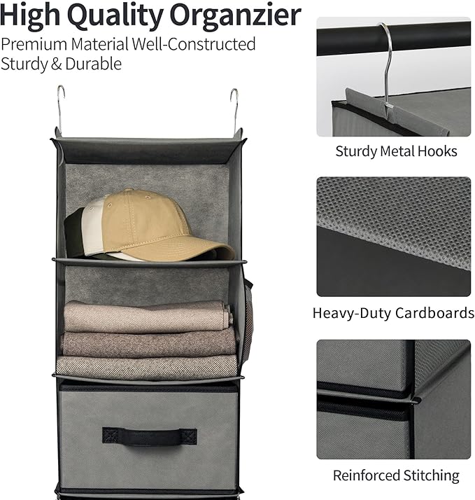 GRANNY SAYS 6-Shelf Hanging Closet Organizer, Separable to 2 Pack 3-Shelf, Closet Organization and Storage with 3 Different Drawers, 4 Side Pockets Wardrobe Clothes Organizer, Gray, 1-Pack