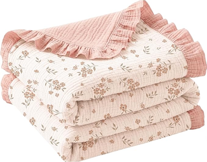 Konssy Flounce Muslin Baby Blanket for Girls Boys 47 x 47 Inches, 100% Cotton Soft Crib Swaddle Blankets, Reversible & Breathable Nursery Bedding for Newborns Toddlers (Blossom)