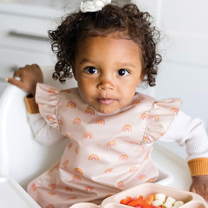 Tiny Twinkle Mess Proof Baby Bib for Girls | Waterproof Toddler Bib for Eating | Baby Apron for Feeding | Machine Washable | Perfect Shower Gift (Boho Rainbow, 2-4Y)