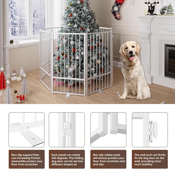 8 Panels Full Metal Freestanding Dog Gates with Door, 160” W x 36” H Folding Pet Gate Fence with Support Feet for Indoor,Stairs, Hallways and Doorways(White)