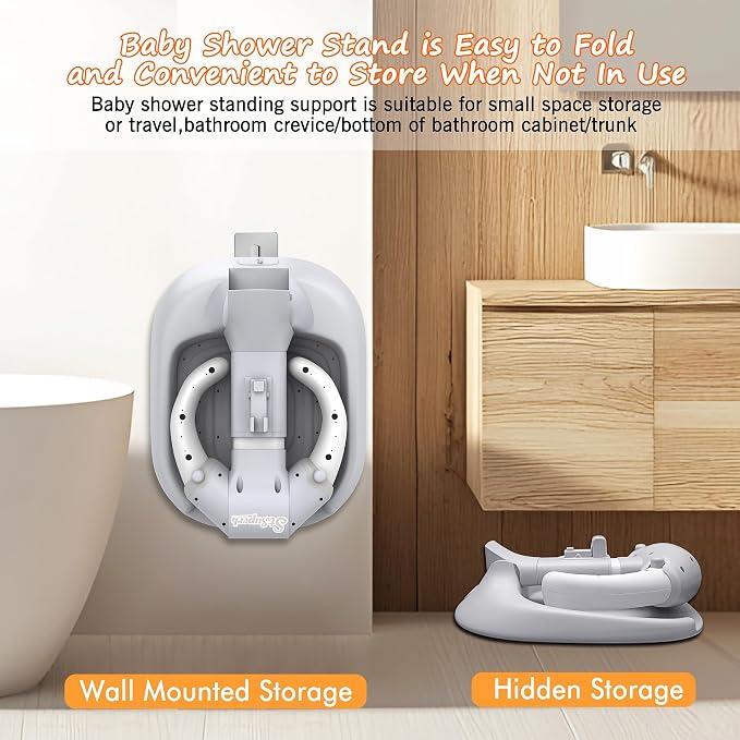 Foldable Baby Shower Stand, Toddler Shower Stand with Anti-Slip Base & Anti-Pinch Silicone, Baby Shower Standing Support 6-36 Months,Baby Stand Up Shower |Soporte para Bañera de Bebé (Grey)