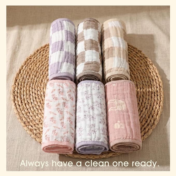 6-Pack Muslin Baby Burp Cloths Made with Organic Cotton – 6-Layer Absorbent & Gentle for Newborn Feeding, Burping – Ultra-Soft, 20x10 Inch Set in Boho Freedom Pattern