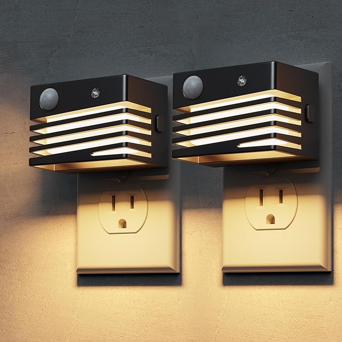 L LOHAS LED Plug in Motion Sensor Night Lights, Dusk to Dawn Sensor, [2 Pack] Dimmable Night Light Plug into Wall, Adjustable Brightness, 3000K Soft White for Bedroom Bathroom Hallway (Black)