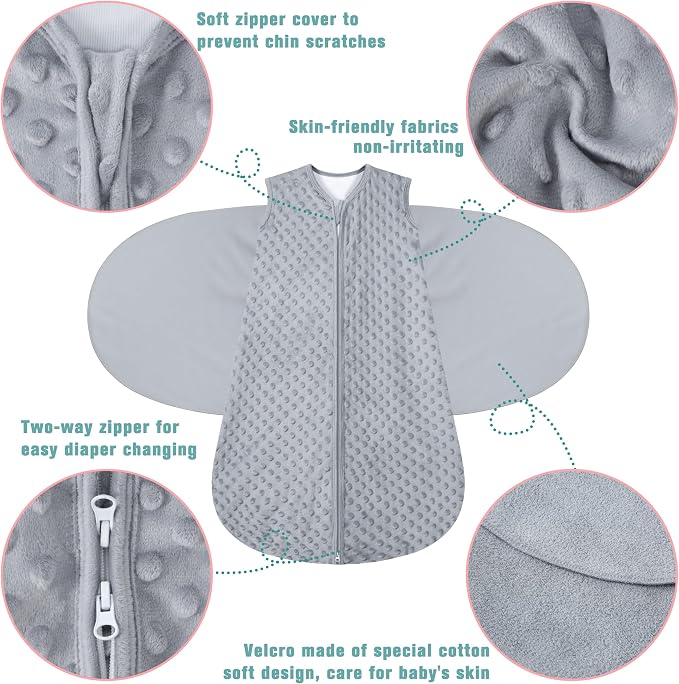 BSTOPPT Fleece Newborn Sleep Sack Baby Swaddle,3-Way Adjustable Wearable Blanket,2 Pack Fleece Swaddling sleeping bag TOG 2.0， (Gray & Pink, 0-3 Months)
