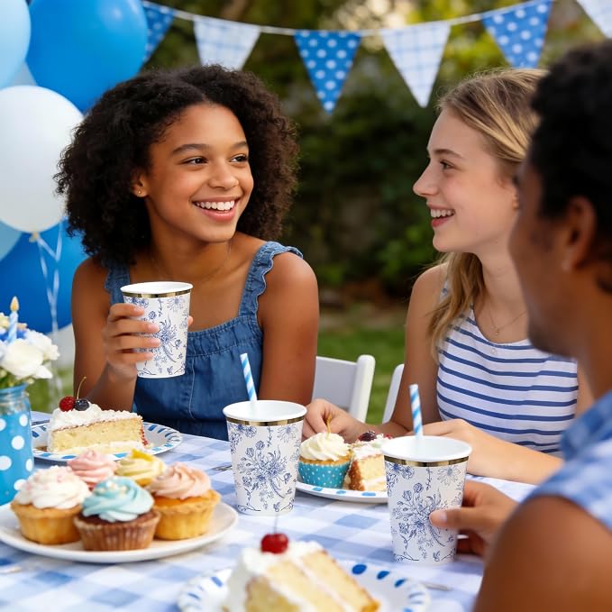 WRAPAHOLIC 50 Pcs Floral Paper Cups - 9 oz Blue Toile Flower Disposable Cup, Coffee Cup, Hot/Cold Beverage Drinking Cups for Water Juice, Perfect for Baby Shower and Birthday Party Supplies