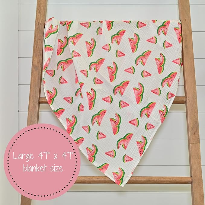 LollyBanks Muslin Swaddle Blankets, 100% Cotton Newborn Blanket for Boys and Girls, Large 47 x 47 Inches Lightweight and Breathable Baby Swaddle Blanket, Baby Essentials, Registry (Watermelon Print)
