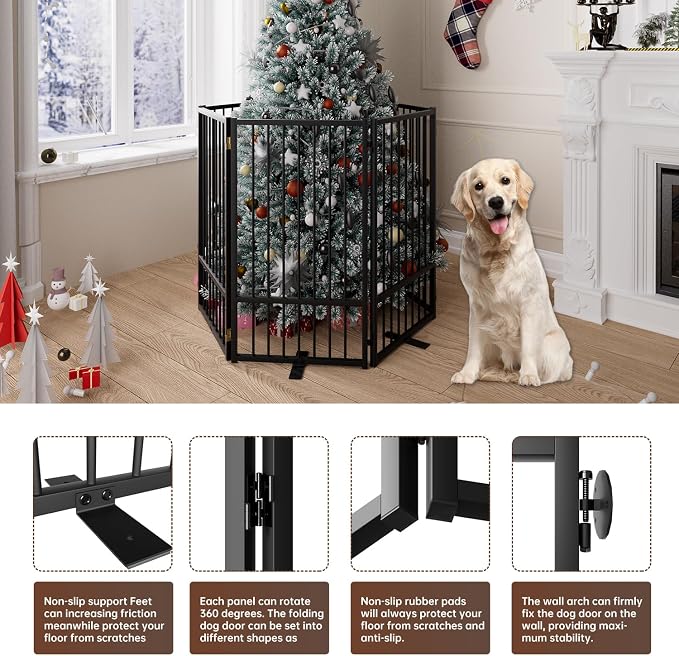 6 Panels Full Metal Freestanding Dog Gates with Door, 120” W x 36” H Folding Pet Gate Fence with Support Feet for Indoor,Stairs, Hallways and Doorways(Black)