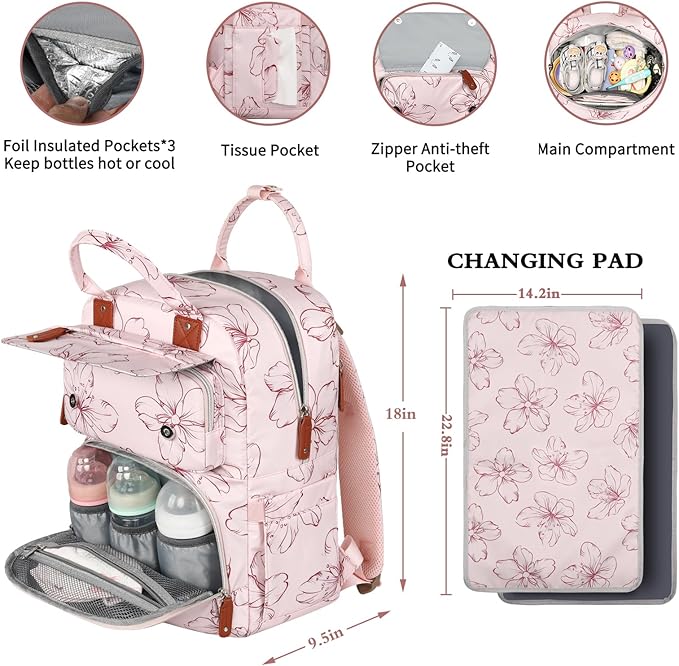 Diaper Bag Backpack, Large Diaper Backpack with Portable Changing Pad, Baby Diaper Bags for Girls, Multifunction Floral Travel Backpack for Moms Dads with Insulated Pockets and Stroller Straps