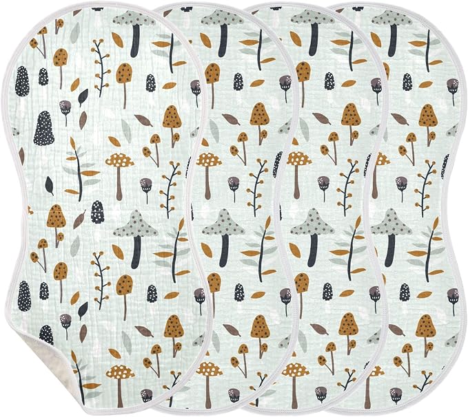 Muslin Burp Cloths for Baby Boys and Girls - 4-Pack Ultra Absorbent Mushroom Muslin Washcloths, Newborn Towel, Milk Spit Up Rags, Burp Cloth Bib for Unisex, 22 x 11 Inch