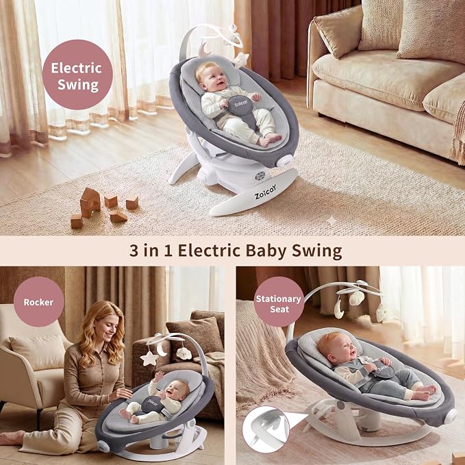 Baby Swing, 3-in-1 Baby Swings for Infants with Motion Detection & Vibration Comfort, 360° Rotating Electric Baby Swings with 5 Speeds & 3 Swing Modes, Infant Swing for Baby with 12 Preset Melodies