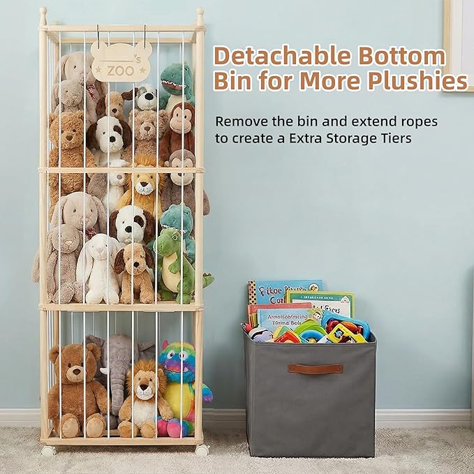 Stuffed Animal Storage Zoo Tower with 4 Brake Wheels & Bottom Storage Bin,Unpainted Natural Wood Large Plushies Storage Holder Organizer, Toy Storage for Playroom Bedroom Nursery