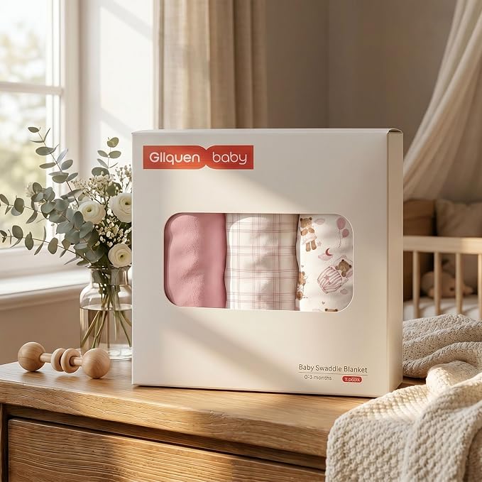 GLLQUEN BABY Swaddles for Newborns Organic Cotton, Soft Baby Girl Swaddles 0-3 Months, Womb-Like Sleep Sack Wrap Nursery Swaddling Blankets Pink Bear