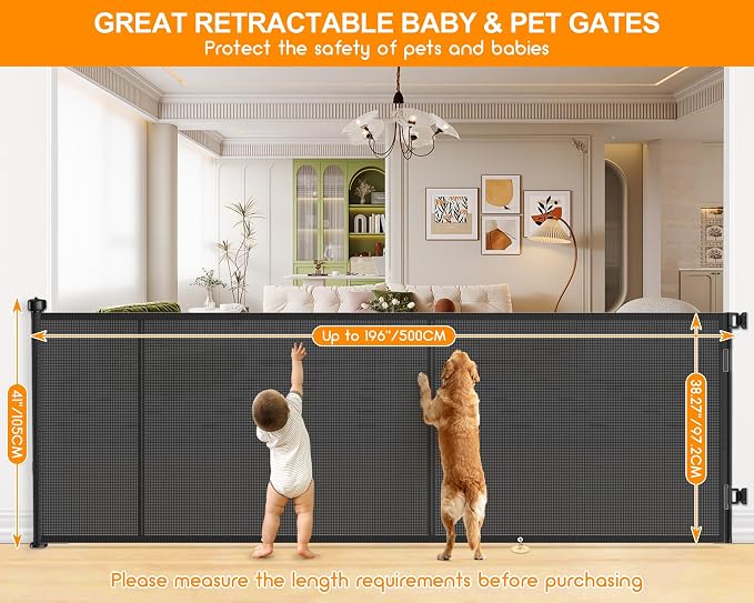 196 Inch Retractable Baby Gates Extra Wide, 41 Inch Reinforced Extra Tall Gate for Large Openings, Mesh Safety Gate for Kids Pets, Retractable Dog Gate for Pool Garages Doorway Indoor Outdoor, Black