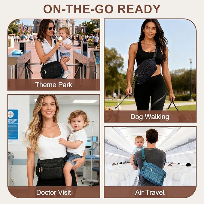 Rexmore Puffer Quilted Fanny Pack Diaper Bag for Mom - Women?˜s Compact Crossbody Purse with Portable Changing Pad & Wipes Pouch, Travel & Quick Errand Baby Essentials Organizer(Black)