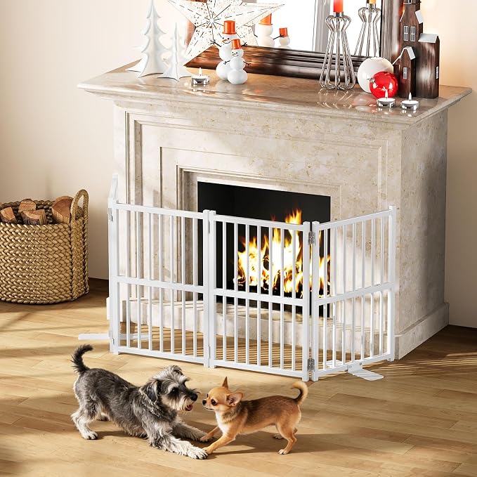 Snughome Dog Gate Indoor, 23.62" H Freestanding Short Dog Door Gates with Support Feet, Expands Up to 63.78’’ Wide Foldable Pet Gates for Doorways, 4 Panel Folding Pet Door Pet Fence for Puppy, White