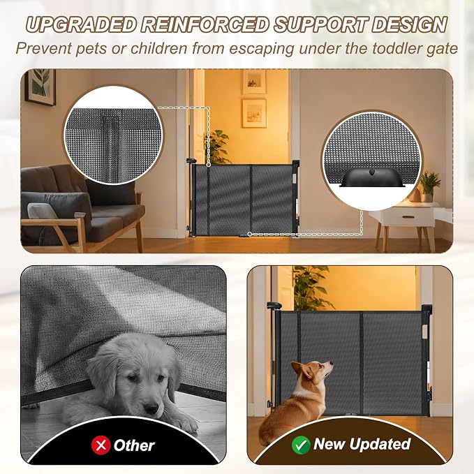 Reinforced 55" Wide Retractable Gate with Reinforced Strips, Indoor/Outdoor Retractable Dog Gate for Doorway Prevent Bottom Drilling Through, Safety Mesh Gate, Black