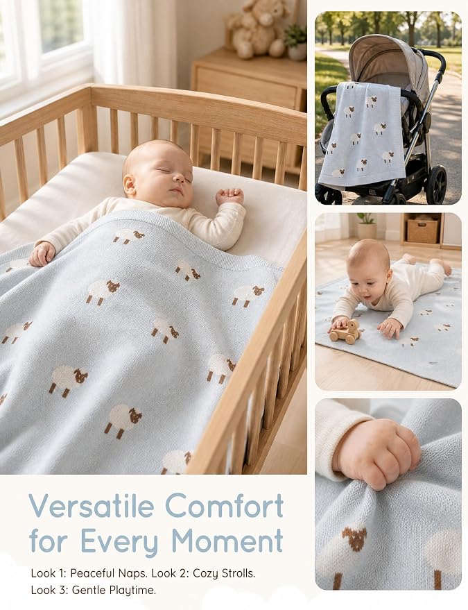 Organic Cotton Baby Blanket - Soft Luxury Knit Receiving Blanket for Newborns & Toddlers, Cozy Breathable Stroller Blanket with Pattern, Unisex, 30x40Inch（Sheep-Blue）