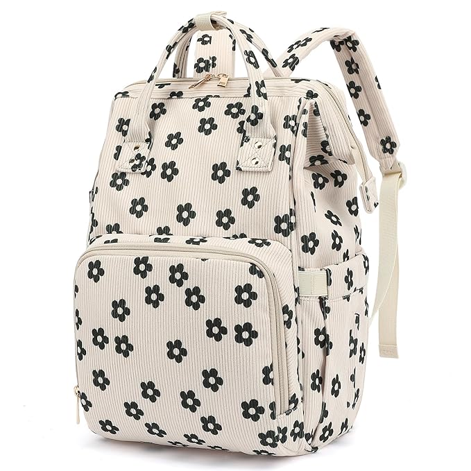 Baby Diaper Bag Backpack for Mom, Large Capacity Travel Nappy Bag for Boys & Girls with Stroller Straps (Corduroy Flowers)