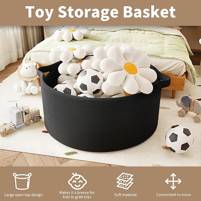 125L Extra Large Blanket Basket, 25" x 16", Jumbo Laundry Woven Baskets Decorative Home, Cotton Rope Basket with Handles, Baby Toy Baskets for Storage, Black