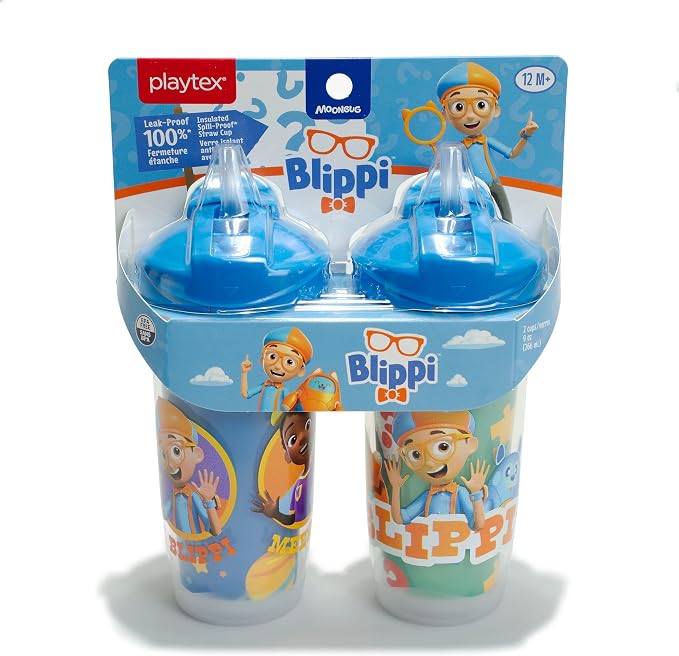 Playtex Baby Sipsters Straw Sippy Cup for 12+ Months, 9 Ounce (2 Count), Blue Blippi Design, Insulated Toddler Water Bottle for Kids, Spill-Proof Cups for Toddlers 1-3, Stage 3