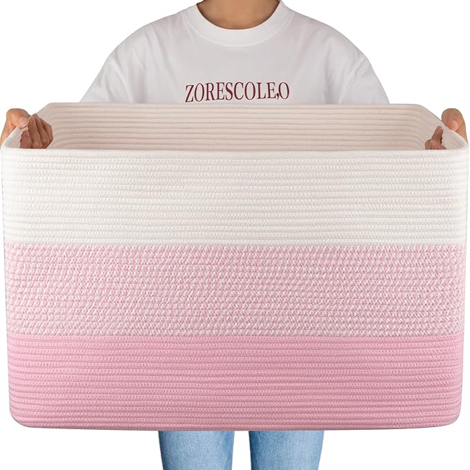 OIAHOMY 108L Super Large Blanket Basket For Living Room, 25?�x16?�x16??Rectangle Woven Baskets For Storage, Toy Storage with Handle - Pink&White