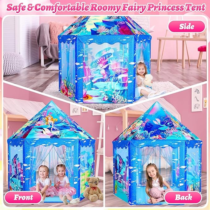 Mnagant Princess Mermaid Kids Play Tent - Large Playhouse for 3-12 Year Old Girls, Indoor Outdoor Castle Toy for Toddlers, 55'' x 53'' (DxH)