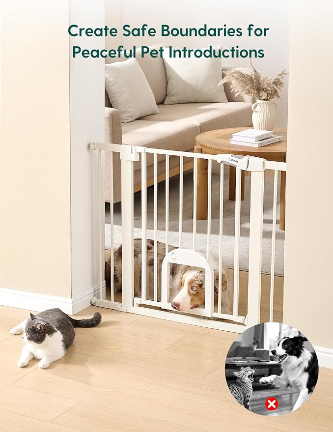 Babelio Baby Gate with Cat Door, CatPrivilege ?? Extra Wide 29-55" Cat Gate, 30" Tall Pressure Mounted Safety Gate for Large Openings, Stairs & Doorways, Auto Close, White