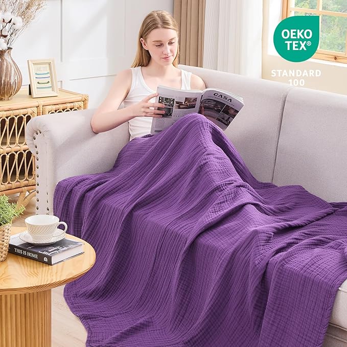 EMME Cotton Muslin Large Throw Blanket Couch 4-Layer Breathable Gauze Blanket Soft Lightweight Bed Blankets Adults (Purple, 50"x71")