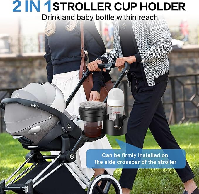 Universal Stroller Cup Holder, 360° Rotation cupholder for Stroller, 2-in-1 Prams Cup Holder with Mega Strength Adjustable Clamp, Fits Most Cups