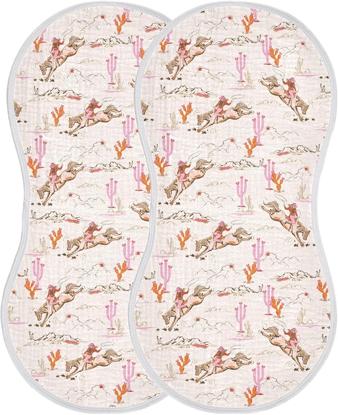 Western Cowgirl Muslin Burp Cloths for Baby Boys and Girls - 2-Pack Ultra Absorbent Muslin Washcloths, Newborn Towel, Milk Spit Up Rags, Burp Cloth Bibs, 22 x 11 Inch