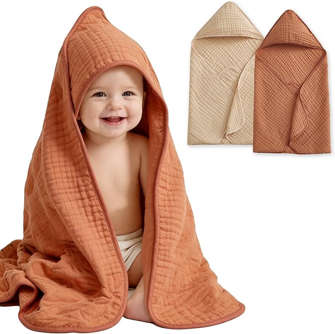 Hooded Baby Bath Towels 2 Pack 32x32 Inch, 100% Cotton Soft & Highly Absorbent, Pink & Linen Neutral Colors, Baby Towel Set with Wash Mitts, Gentle for Newborn, Infant & Toddler