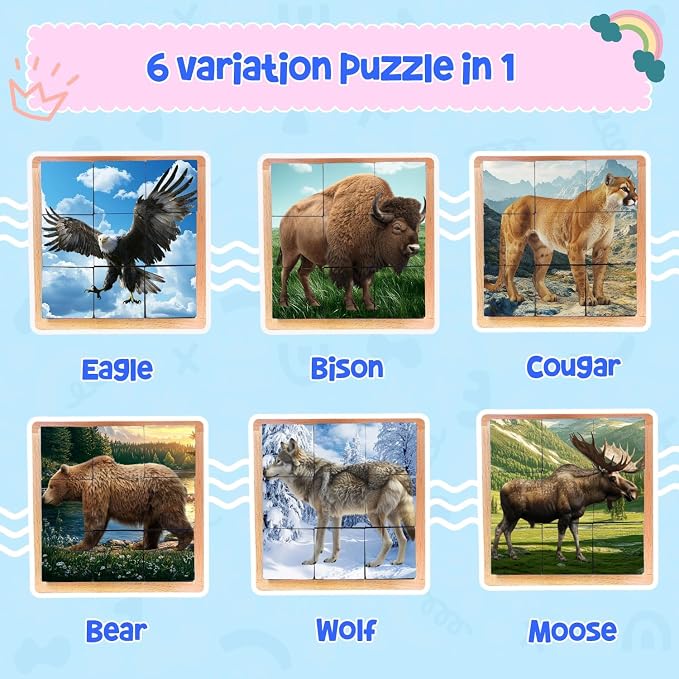 Wooden Cube Puzzle of Native North American Animals | Wooden Puzzles for Kids & Toddlers Ages 3 4 5 6 7 8