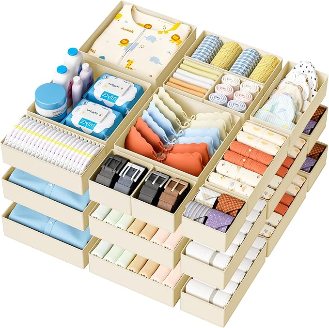 DIMJ Drawer Organizer Clothes - 18 Pack Baby Dresser Organizer for Nursery, Foldable Drawer Organizer Bins for Closet Bedroom Organization, Fabric Clothes Storage Dividers for Underwears, Socks, Bras