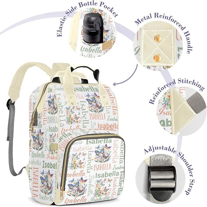 Custom Diaper Backpack, Upgraded Large Capacity Baby Bag, Personalized Changing Backpack With Name, Multifuction Mommy Bag With Insulated Pocket for Girls, Butterfly Green