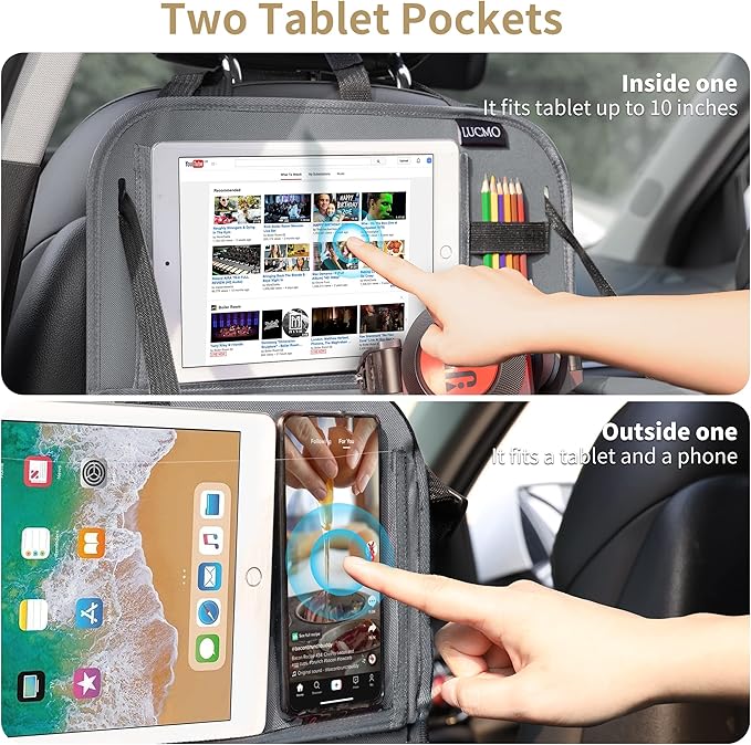LUCMO Car Backseat Organizer with Tablet Holder,6 Storage Pockets Car Storage Organizer with Foldable Food Tray,Protectors Kick Mats Travel Accessories-Grey