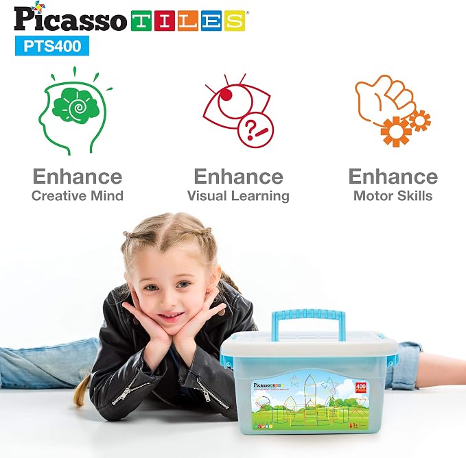 PicassoTiles 400pc Construction Toy Straw Building Set Children STEM Learning Interlocking Building Toys Creative Straw Connecting Builder Kits Early Education Kit for Kids Boys & Girls Ages 3+ PTS400