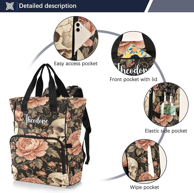 Custom Name Cracked Skull Peonies Diaper Bag Stroller Straps Gift Mom Dad